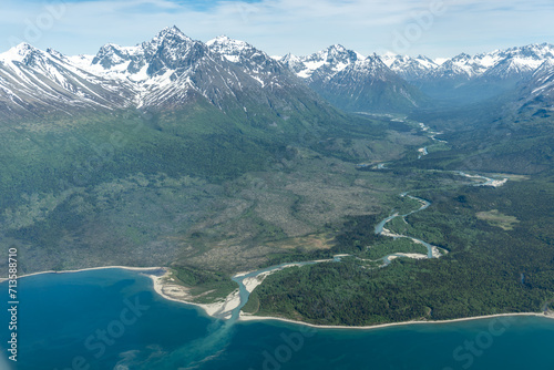 Currant Creek flows into Lake Clark in Lake Clark National Park and Preserve in Alaska. Aerial view from above lake just north of Port Alsworth. 