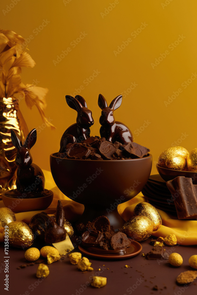 easter chocolate and decorations on a yellow table with bunnies easter chocolate and decorations on a yellow table with bunnies