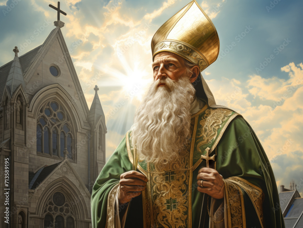 Elderly church priest metropolitan in a green cassock standing by the church AI - obrazy, fototapety, plakaty 