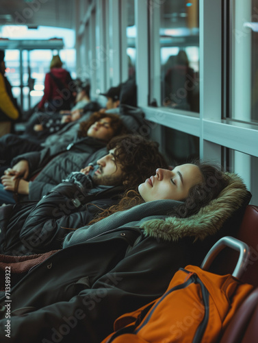 A Photo of a Group of Friends Sleeping in Various Positions in an Airport Waiting Area