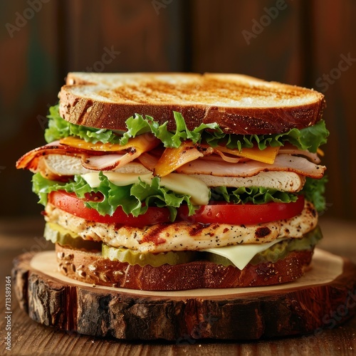 Chicken sandwich on a board. Grilled Chicken Sandwich photo