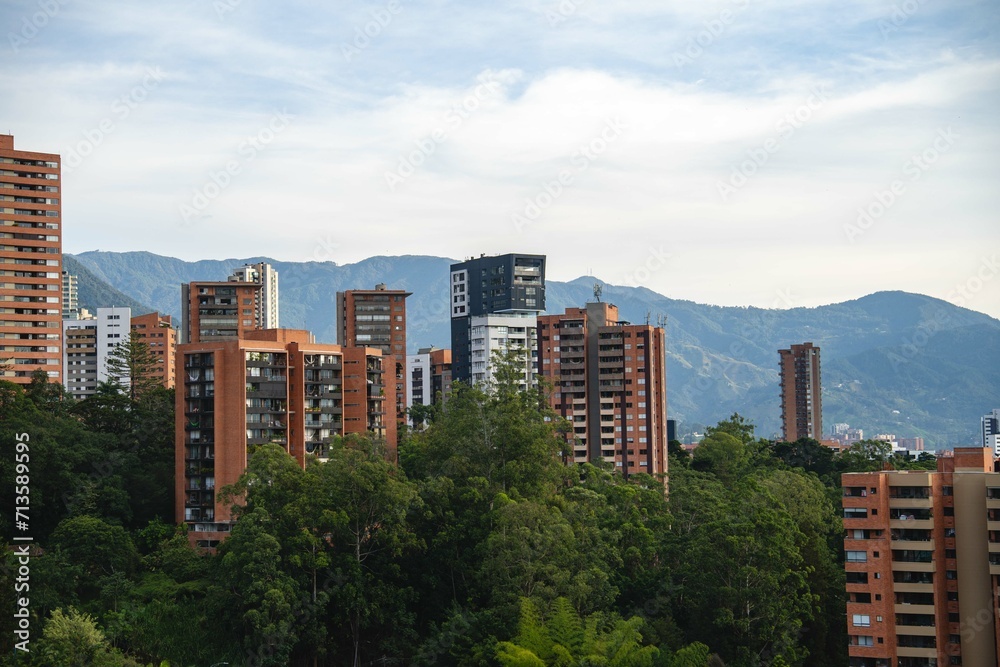 Fototapeta premium beautiful wide shot of landscape urban residential buildings in el poblado, medellin colombia