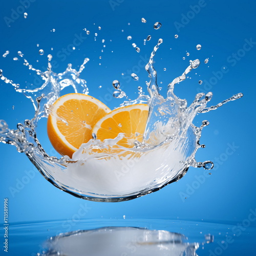 white round liquid splash on blue background with orange