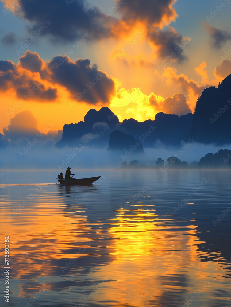 A Photo of a Fisherman Setting Sail in a Small Boat At Dawn