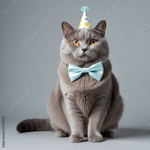 Adorable Pudgy Cat with Bow: Studio Photo of Sitting Cat Wearing Birthday Hat © Hikari 