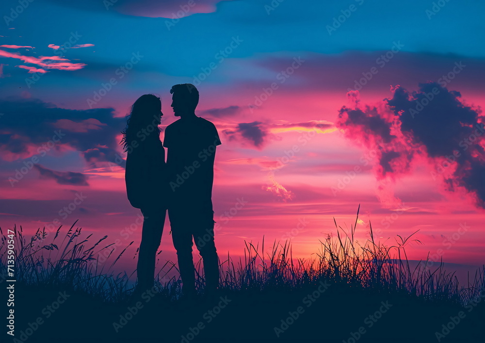 Silhouetted Couple Figures Against a Sunset Sky