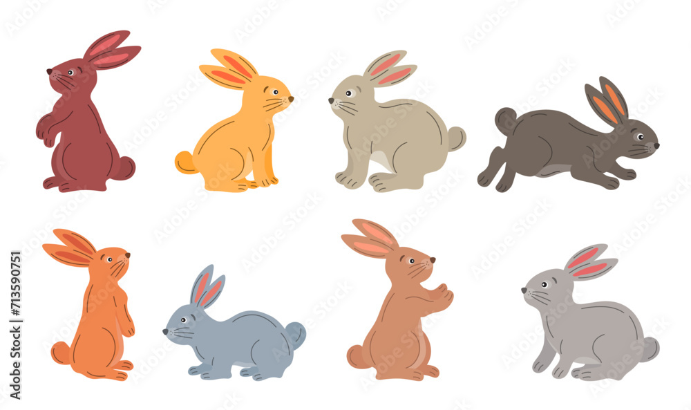 Cartoon Easter bunnies in various poses set. Easter bunny collection in hand drawn style. Bunny, rabbit, hare cute vector animal characters. Easter elements clip art for posters, cards, printing.