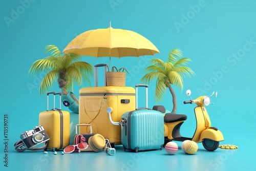 travel insurance  travel and protection concept umbrella surrounded by luggage  camera  sunglasses  hat with scooter and car on blue and yellow tones 3d render isometric