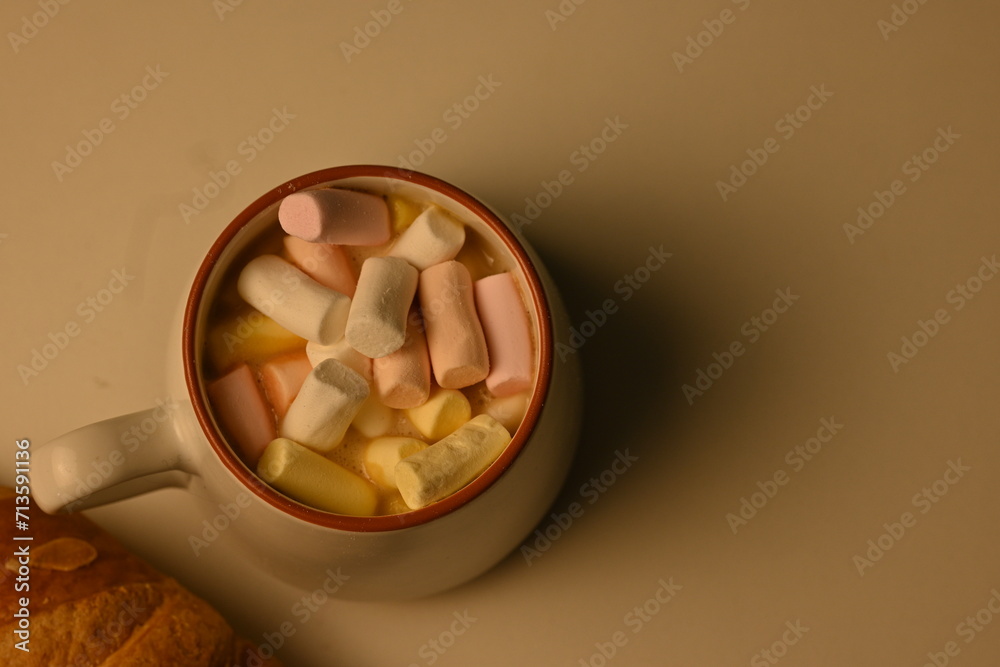 cocoa with marshmallow and croissant, breakfast concept, coffee with marshmallow and croissant on white background cocoa with marshmallow and croissant, breakfast concept, coffee with marshmallow and croissant on white background