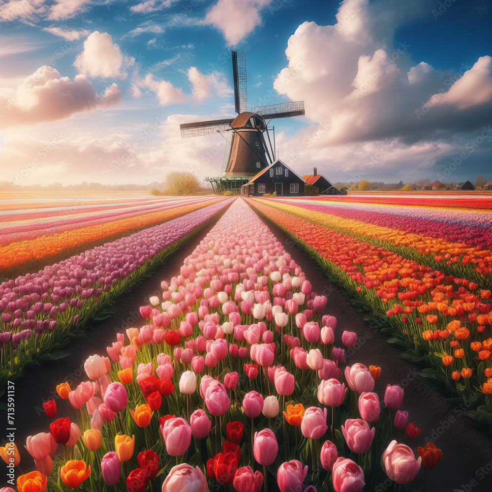 Tulip fields and a windmill in Holland