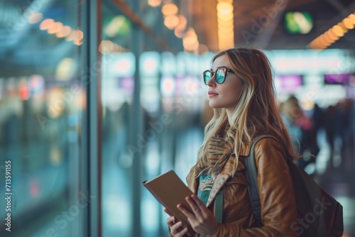 Woman holding passport waiting in transit area in the airport, standing by for the next schedule traveling, late delay of the arrival departure, missing checking in the boarding pass