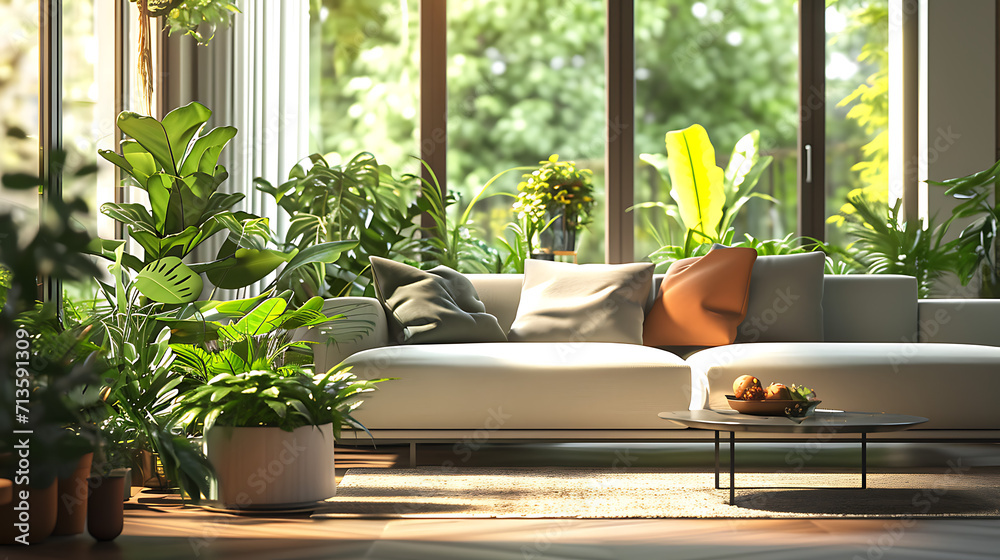 Uma sala de estar moderna e elegante é adornada com uma variedade de exuberantes plantas verdes criando um espaço que transmite frescor vitalidade e conexão com a natureza - obrazy, fototapety, plakaty 
