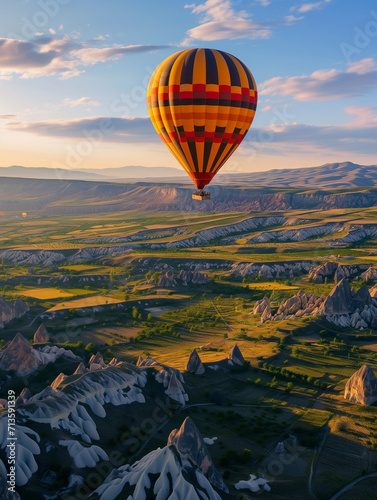 A Photo of a Couple Taking an Early Morning Balloon Ride Over a Scenic Landscape