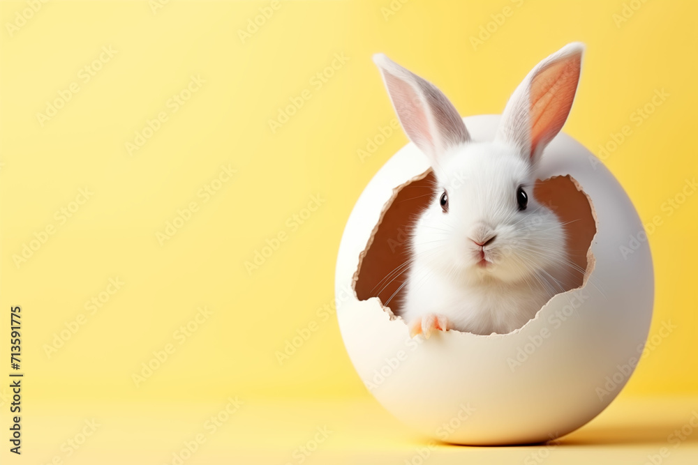 Hare sitting in an egg on a yellow background
