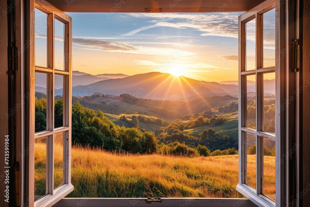 Fototapeta premium Open Window Revealing Majestic Mountain View