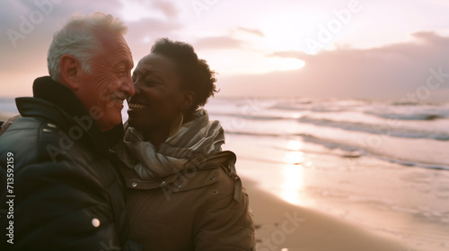 Happy interracial senior couple embracing on the beach by the sea, candid white man and black woman in love  photo