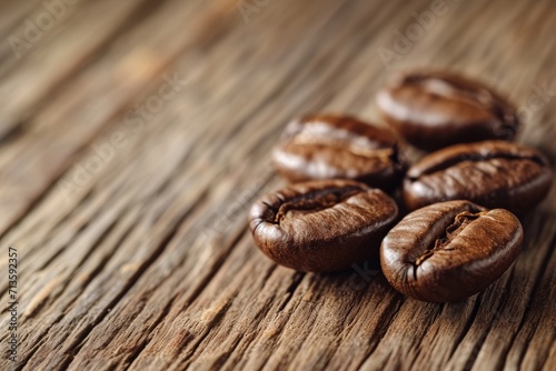 Group of Coffee Beans on Wooden Table
