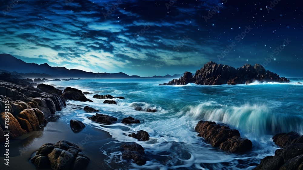 Obraz premium A scenic coastal scene with crashing waves under a starry sky, showcasing the tranquil beauty of a nighttime seascape - Generative AI