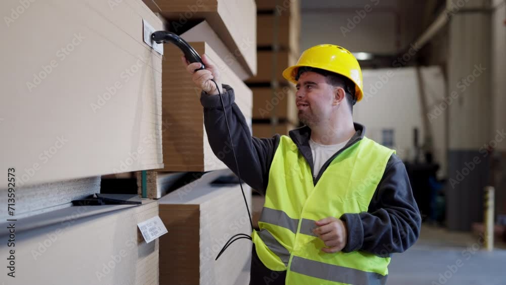 Video of young man with Down syndrome working in warehouse. Concept of workers with disabilities, support in workplace. Video of young man with Down syndrome working in warehouse. Concept of workers with disabilities, support in workplace.