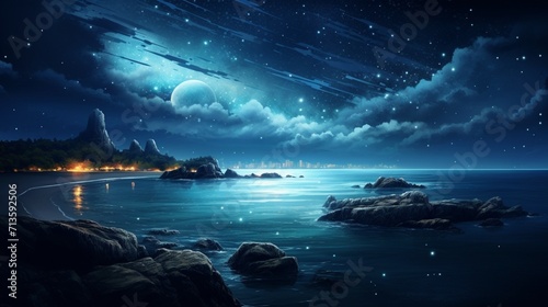 A scenic coastal scene with crashing waves under a starry sky  showcasing the tranquil beauty of a nighttime seascape - Generative AI
