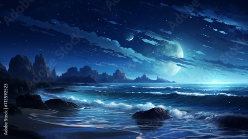 A scenic coastal scene with crashing waves under a starry sky, showcasing the tranquil beauty of a nighttime seascape - Generative AI
