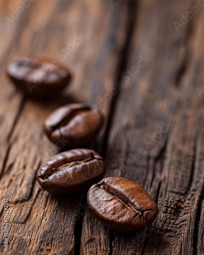 Three Coffee Beans on Wooden Table