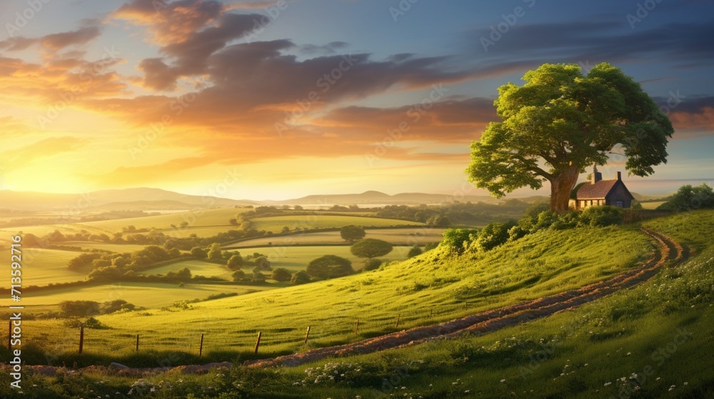 A scenic countryside at dawn, bathed in golden sunlight, showcasing the picturesque charm of a morning rural landscape. - Generative AI