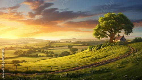 A scenic countryside at dawn  bathed in golden sunlight  showcasing the picturesque charm of a morning rural landscape. - Generative AI