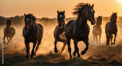 Silhouette of wild horses galloping on the plain while the sun is setting.