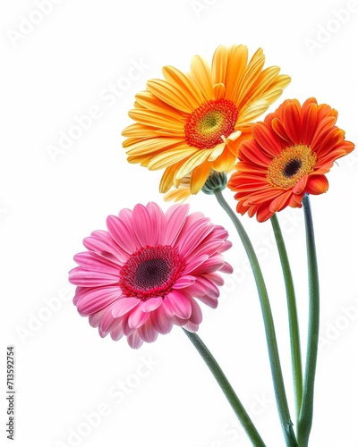 Three Colorful Flowers in Vase on White Background