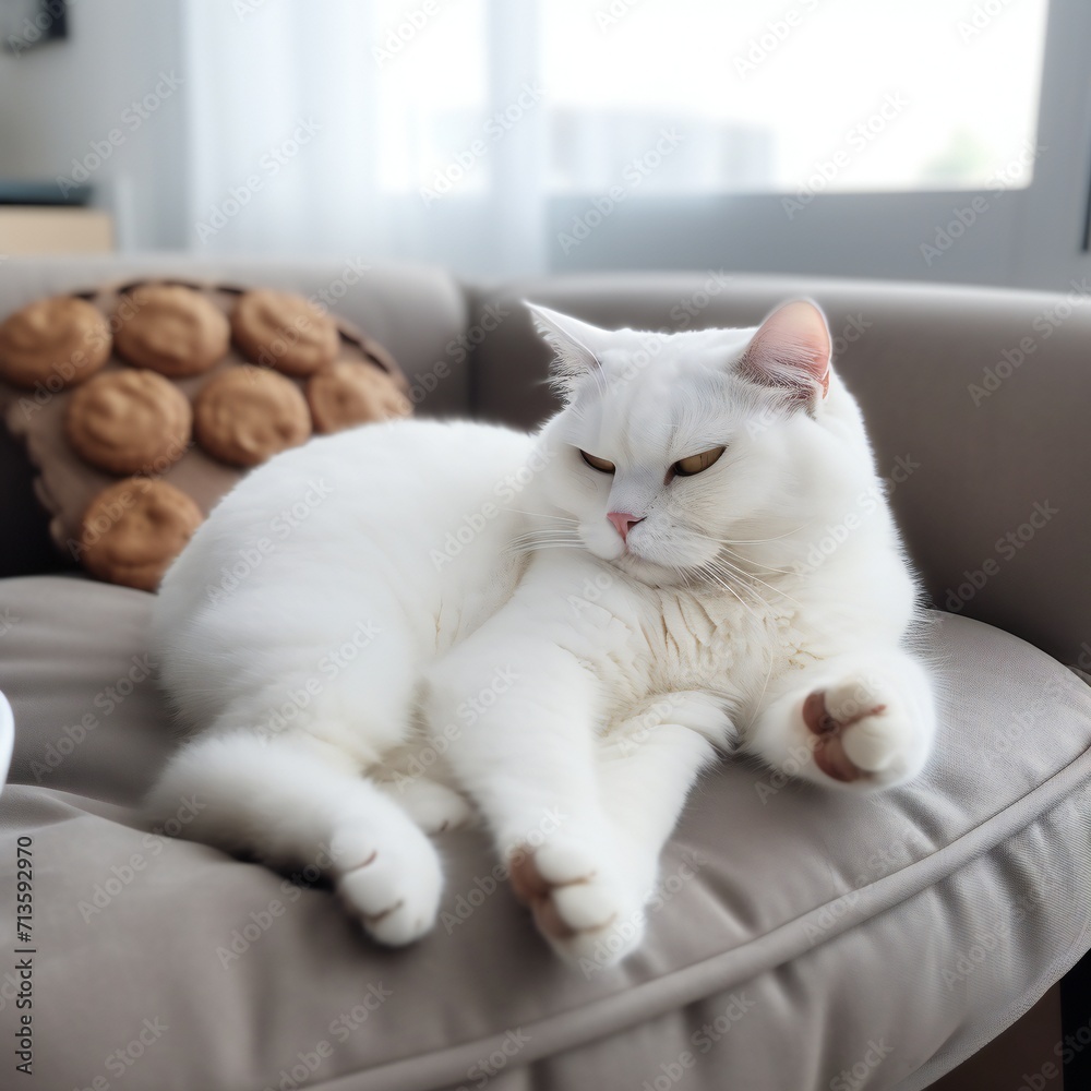 a super fat, white and cute cat is take a nap lie on the sofa and really lazy