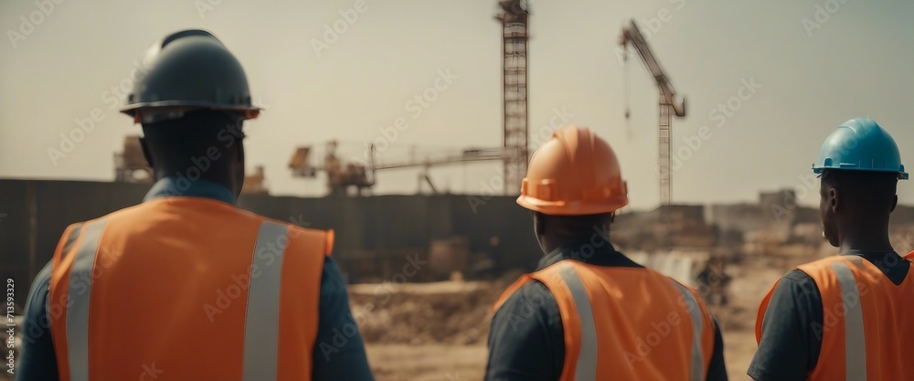 Black African architects in orange vests seen from behind looking at a construction site in Africa. - obrazy, fototapety, plakaty 