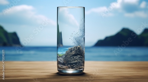 A sea shore view inside a glass of water - Generative AI