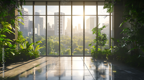 Um elegante espaço de escritório moderno com janelas do chão ao teto com vista para uma paisagem urbana movimentada  A luz do sol entra lançando padrões quentes e dappled no piso de concreto polido photo