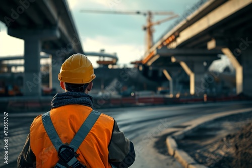 a construction worker looking at a bridge over the road Generative AI