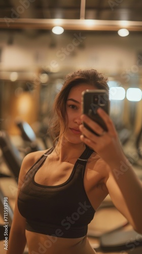 woman doing selfie at gym , in the style of snapshot aesthetic, mirror, dark black