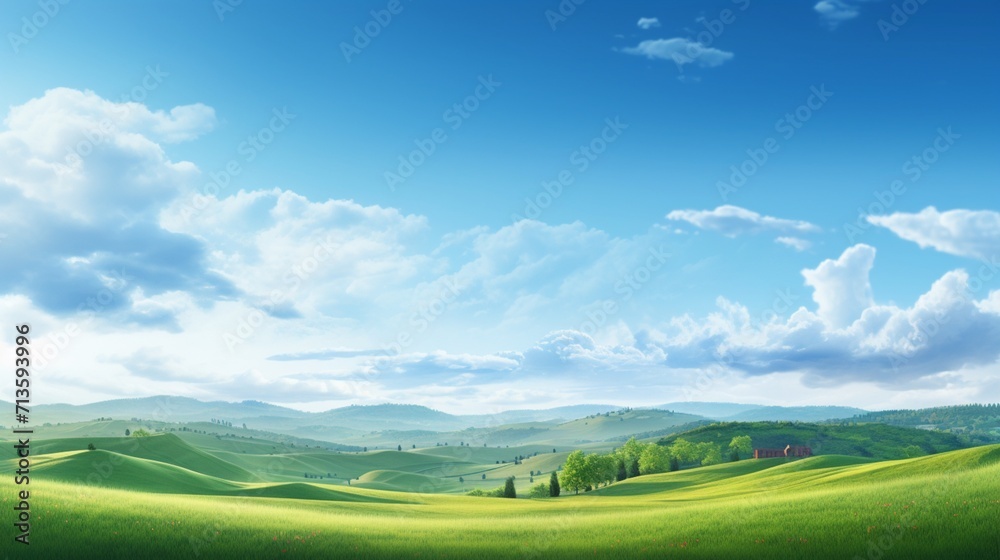 A serene countryside landscape with a non-deformed human figure enjoying a leisurely bike ride, surrounded by rolling hills and blooming fields - Generative AI