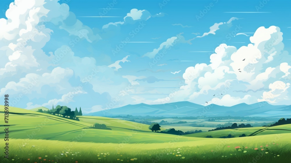 Obraz premium A serene countryside landscape with a non-deformed human figure enjoying a leisurely bike ride, surrounded by rolling hills and blooming fields - Generative AI