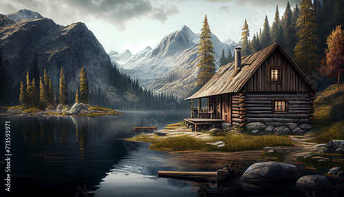 Wood cabin on the lake, log cabin surrounded by trees, mountains, and water in natural landscapes Background, Ai generated image