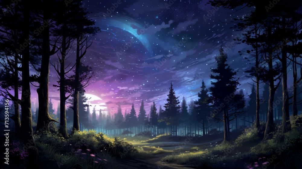 A serene forest landscape illuminated by the moonlight, showcasing a tranquil night scene with a starry sky and silhouetted trees - Generative AI A serene forest landscape illuminated by the moonlight, showcasing a tranquil night scene with a starry sky and silhouetted trees - Generative AI