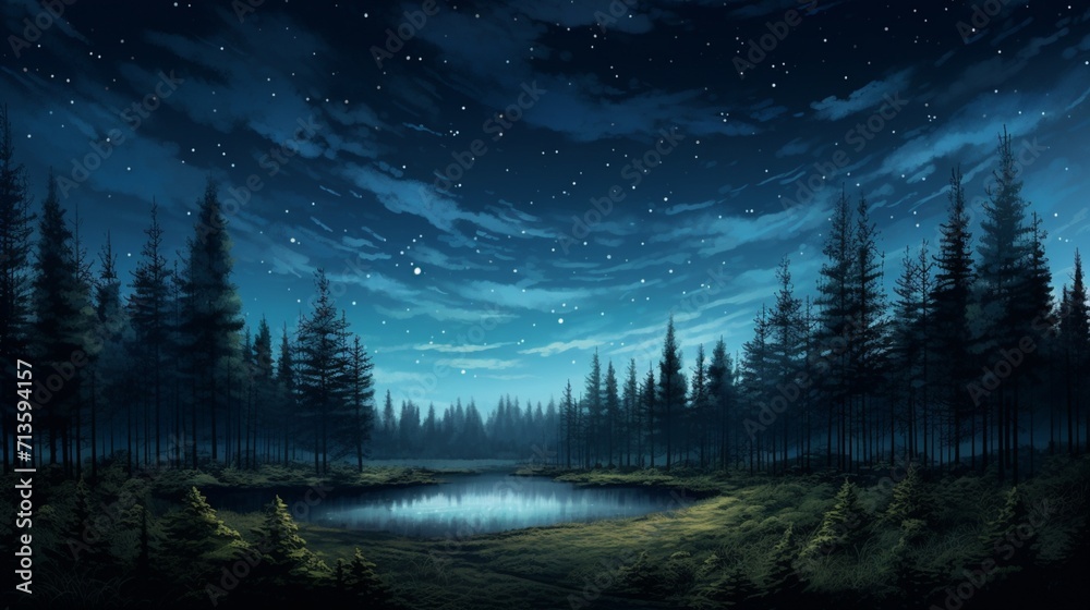A serene forest landscape illuminated by the moonlight, showcasing a tranquil night scene with a starry sky and silhouetted trees - Generative AI