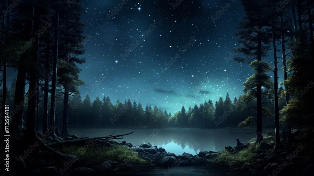 Fototapeta premium A serene forest landscape illuminated by the moonlight, showcasing a tranquil night scene with a starry sky and silhouetted trees - Generative AI