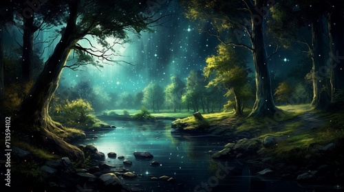 A serene forest clearing under the Milky Way  showcasing the mystical charm of a moonlit forest bathed in starlight - Generative AI