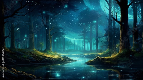 A serene forest clearing under the Milky Way, showcasing the mystical charm of a moonlit forest bathed in starlight - Generative AI