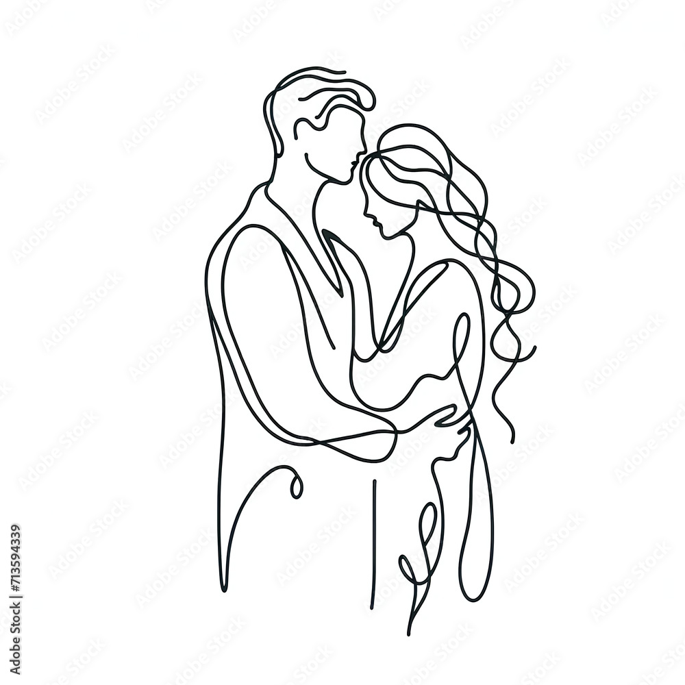 Elegant line art of an embracing couple, minimal detail, in black on white for a modern aesthetic