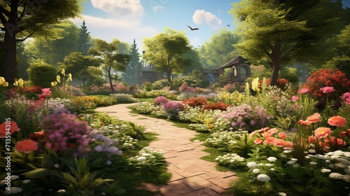 A serene garden filled with blooming flowers and winding paths, offering space for text integration amidst the calming botanical scenery - Generative AI
