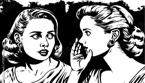Two women whisper to each other and share news