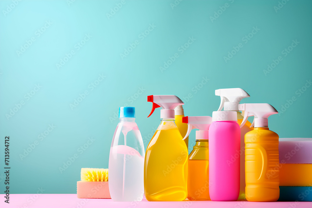 A collection of cleaning products and tools in various containers, home cleaning detergent, cleaning home concept