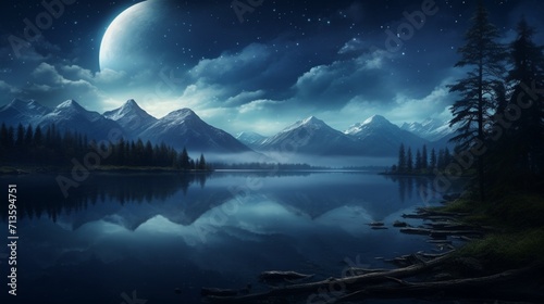 A serene lake reflecting the stars and moonlight, capturing the tranquility and beauty of a nighttime lakeside setting - Generative AI © Huzaifa