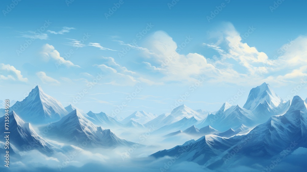 A serene mountain range under a clear blue sky in the morning, showcasing the majestic peaks and tranquil atmosphere of a morning mountain view - Generative AI - obrazy, fototapety, plakaty 